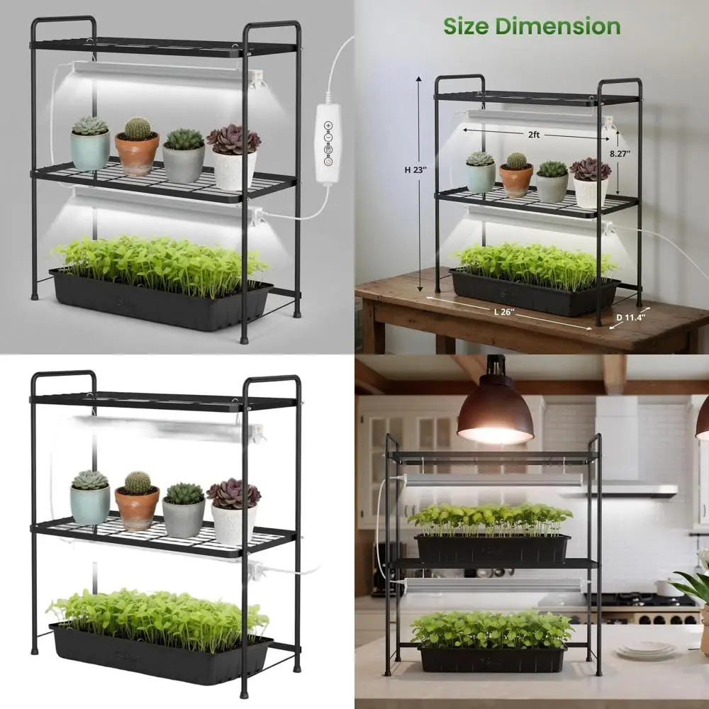 

Двухуровневая подставка для комнатных растений с фитолампами полного спектра 36 Вт, таймером и регулировкой яркости, идеально подходит для травяных садов и стеллажей для рассады