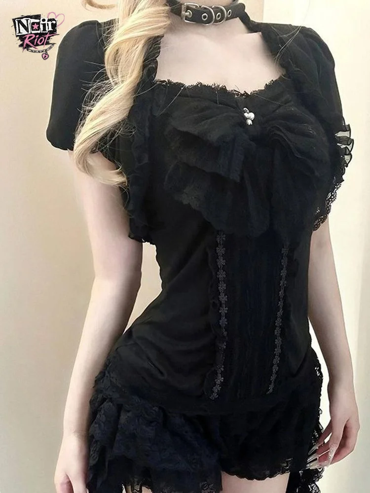 Sumeer Japanese Vintage 2 Piece Set Women Gothic Fashion Bow Slim Fit Shirts + Lace Ruffle Mini Cake Skirt Streetwear Outfits