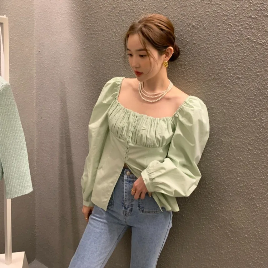 Women's Long Sleeve Shirt Single Button One Shoulder Square Collar Design White Casual Fashion Premium Quality Ladies Blouse