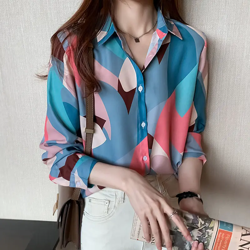 Retro Elegant Chic Print Office Lady All Match Button Up Shirt Fashion Commute Long Sleeve Slim Tops Blouses for Women Clothing