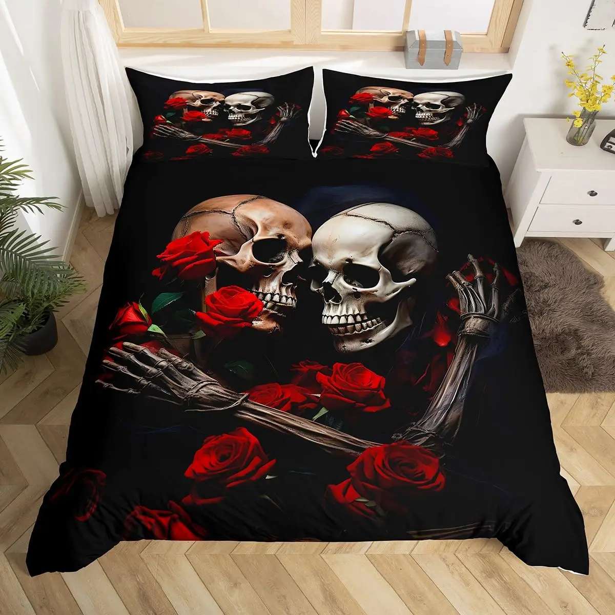 Sugar Skull Lover Duvet Cover King Kissing Couple Skeleton Bedding Set Red Rose Comforter Cover Death and Love Theme Quilt Cover