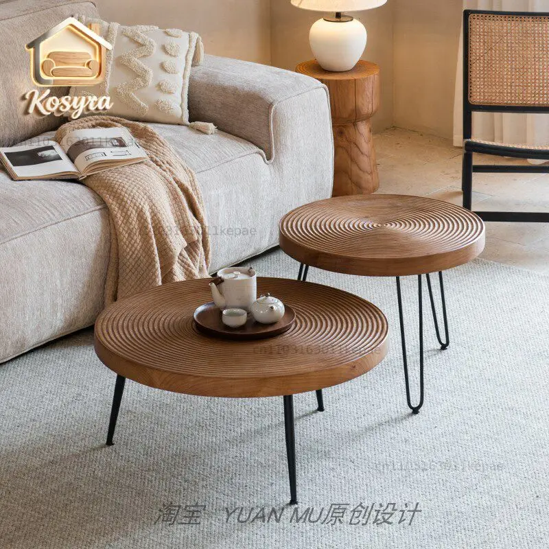 Solid wood round coffee table living room wabi wind small apartment living room small table bedside table log bed and breakfast