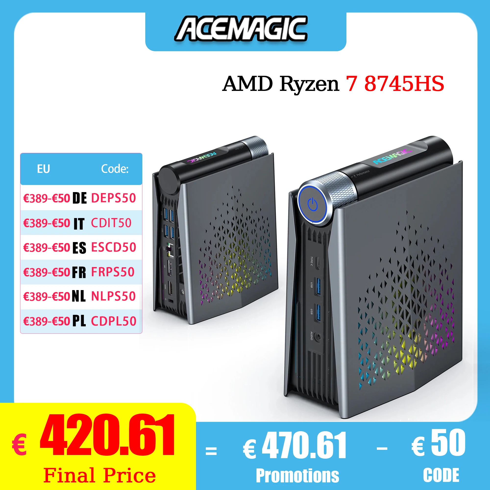 كمبيوتر ACEMAGIC MINI AMD Ryzen 7 8745HS 32GB RAM 1TB SSD Windows 11 Pro كمبيوتر صغير Wifi6 BT5.2 مع ضوء RGB 4K شاشة ثلاثية