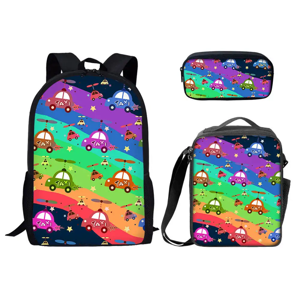 Mochila con patrón de coches de dibujos animados para niños, conjuntos de mochilas escolares para niños, mochila informal de 3 piezas para estudiantes de primaria, regalos para la escuela, bolsa para libros