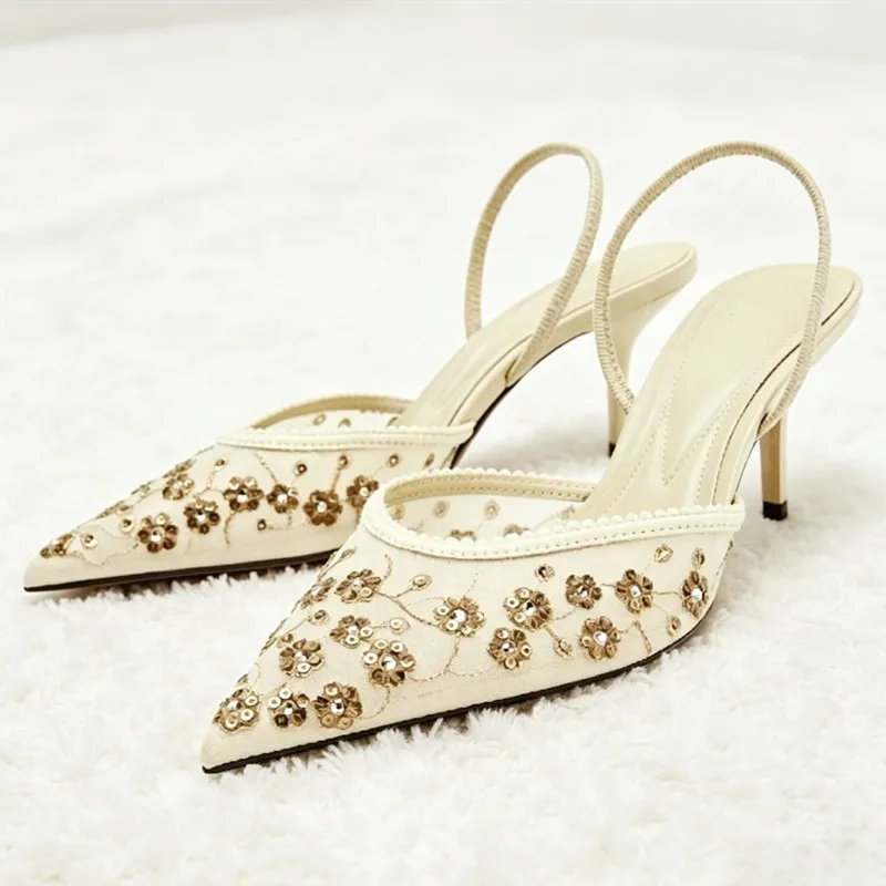 

Metal Bling Detail Mesh High Heels Women Sexy Pointed Embroidered Heeled Sandals for Ladies Summer Elegant Party Wedding Shoes