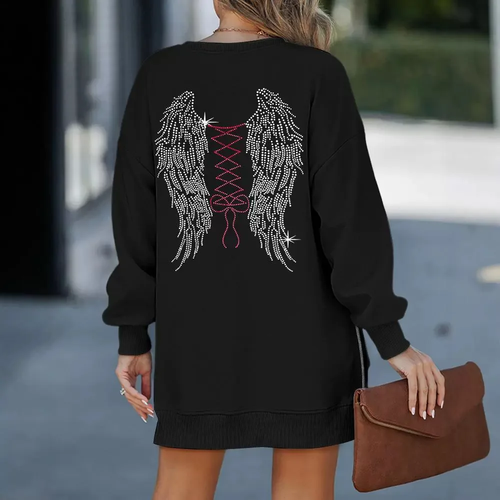 Rhinestone Bowknot Angle Wings Pattern Sweatshirt Dress Women O Neck High Waist Long Sleeve Mini Dress