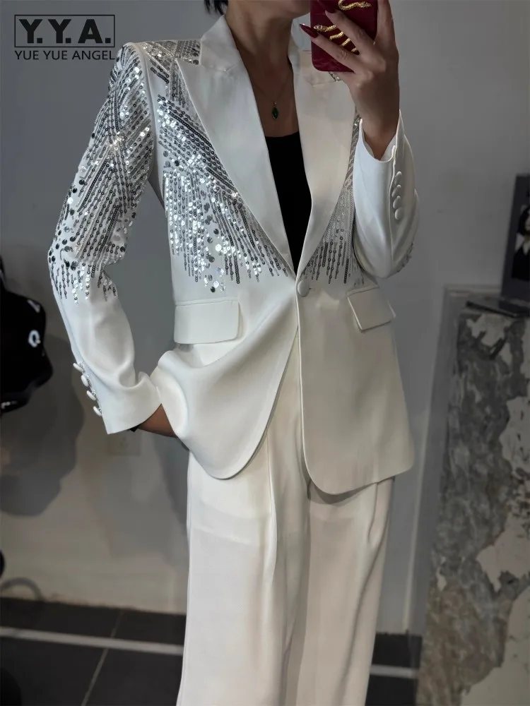 Office Ladies Shiny Sequined Blazer Jacket Wide Leg Pants Two Piece Set Party Oufits Stage Show Suits Women Banquet Matching Set
