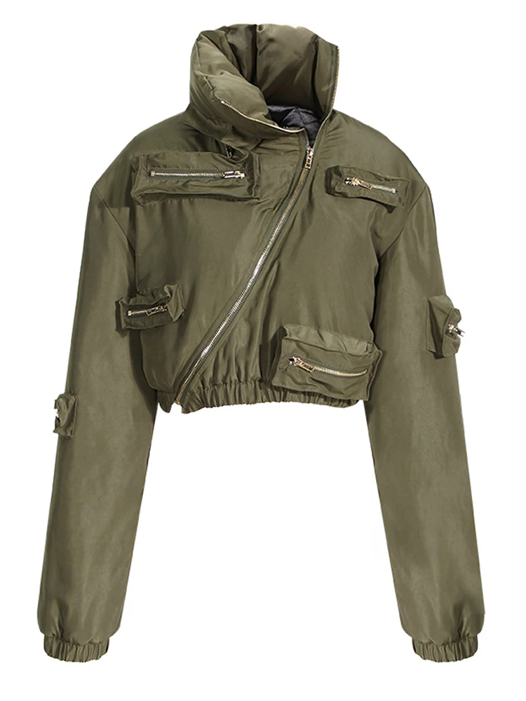 [EAM] Army Green Jacket Half-body Skirt Two Pieces Suit New Stand Collar Long Sleeve Women Fashion Spring Autumn 2024 7AB1999