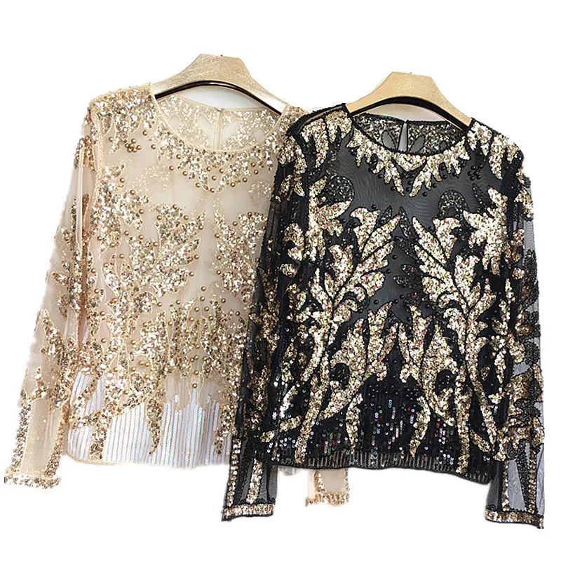 Sexy Sequined embroidery Rose Flower Shirt shiny Transparent gauze Heavy Beading Blouses blusa camisa luxury party club Tops