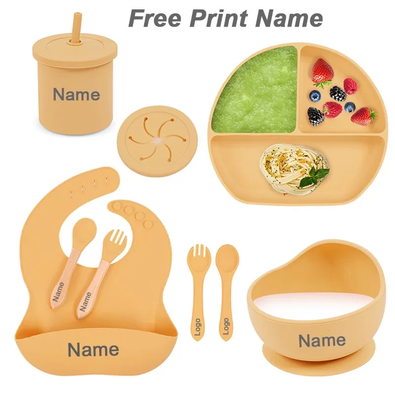 8Pcs Baby Feeding Set Silicone Suction Cup Bowl Dinner Plate Cup Bib Spoon Fork Chirdren Kids Dishes Tableware Personalized Name