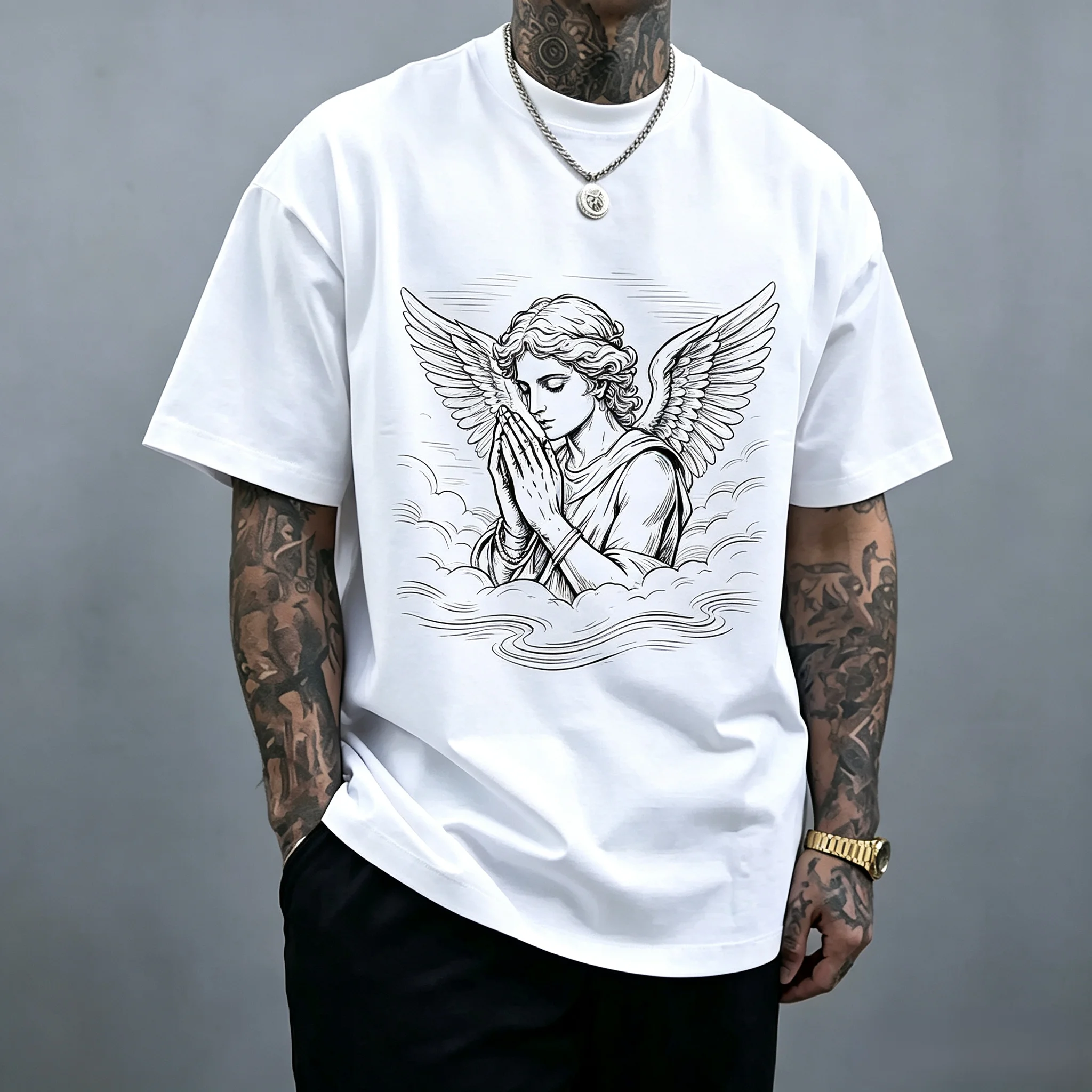 Unisex Praying Angel Cloud Wings Graphic T Shirt Men Vintage Black Line Art Oversized Tee Women Christian Religious Hip Hop Streetwear Short Sleeve T-shirt