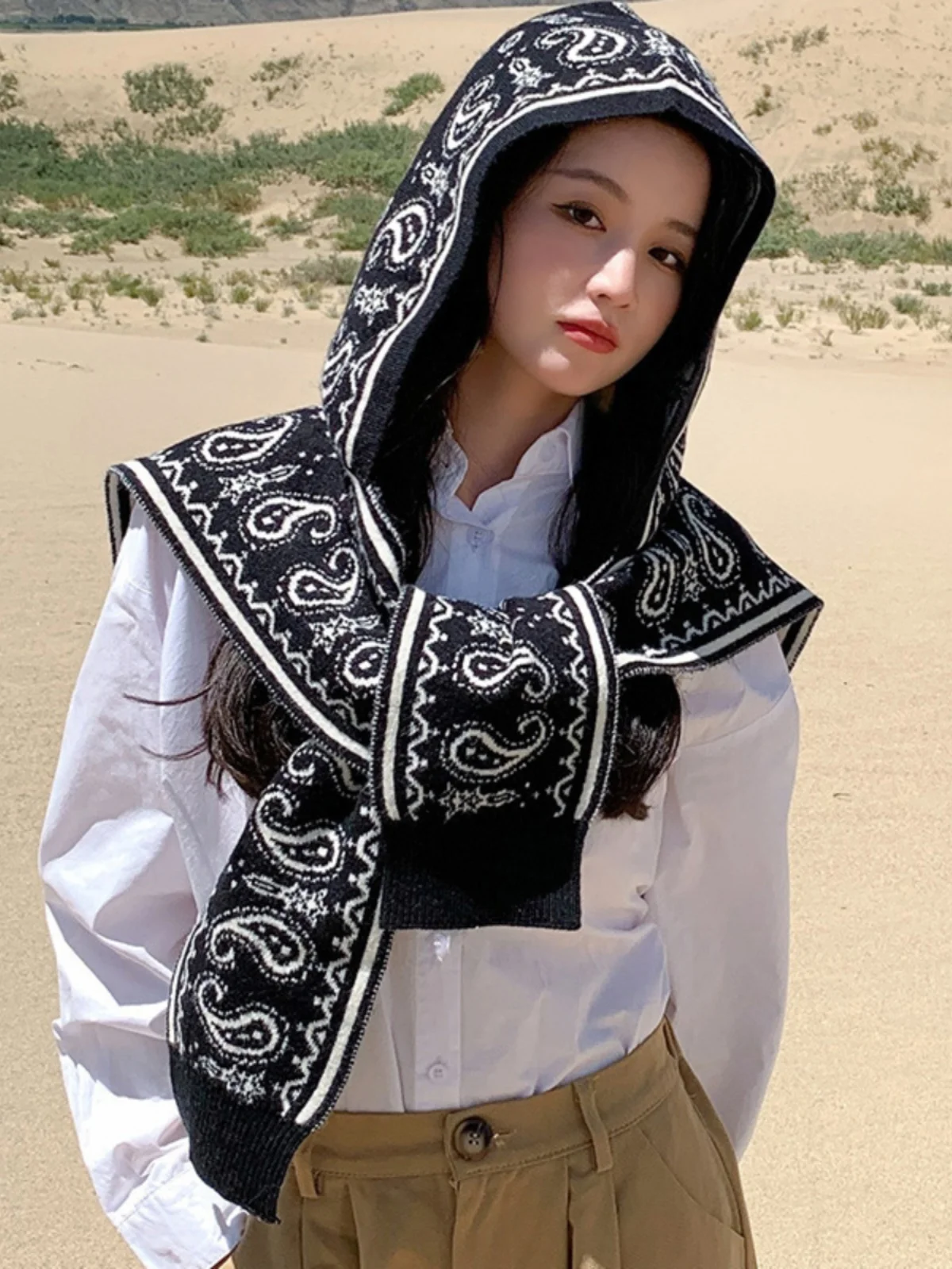 

Retro Travel Knitted Hat Scarf Women's irt Ne Protector Versatile Small oulder Wrap Multi-Functional Long Rectangle Scarf