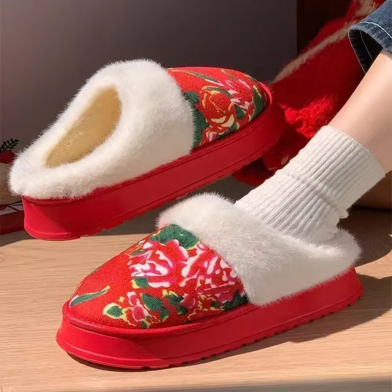 36-45 Lovers Plush Warm Cotton Slippers 2025 Winter Women Men Northeastern Cotton Shoes Couple Thick Bottom Soft Home Slippers