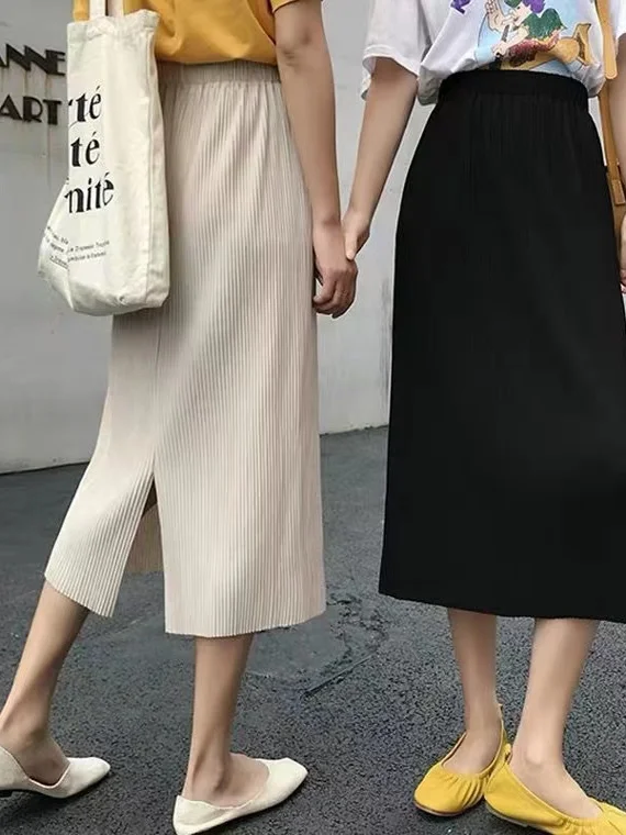 plus Size Midi Slit Skirt New Chinese Style Summer Fashion Slimming Hip Covering Elastic Waist Loose Fit A-Line Skirt