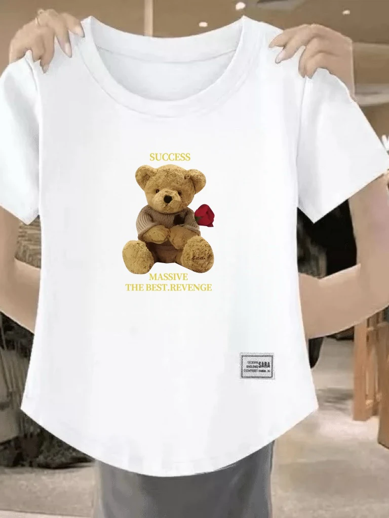

American Cartoon Bear Print Short Sleeve T-Shirt Women's Summer round Neck Loose Casual Top for Middle-Aged Mothers