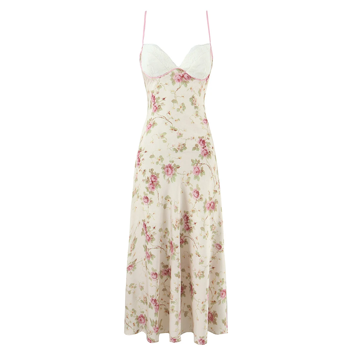 2025 Sexy Deep V neck Lace Chest Spliced Floral Print Satin Midi Sling Dress Women Swing A-lined Robe Party Evening Vestidos