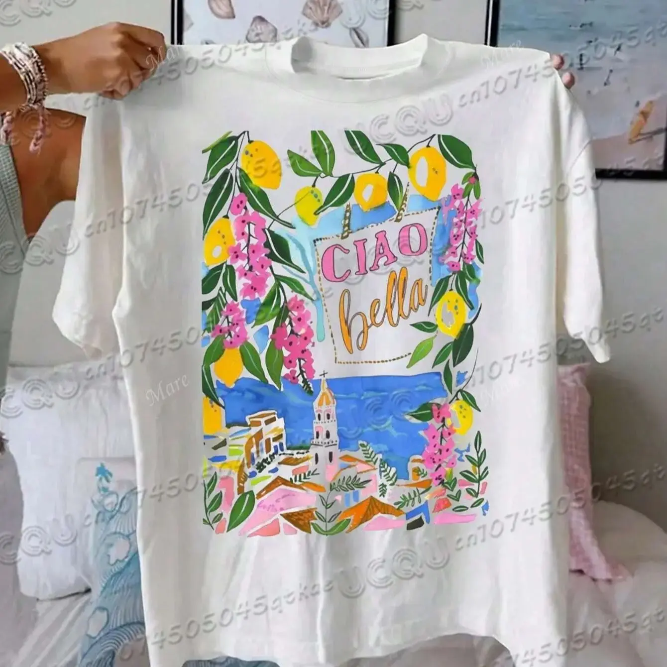 تي شيرت Ciao Bella من القطن المطبوع بالفواكه والنباتات تي شيرت صيفي نسائي مريح كاجوال بأكمام قصيرة للسفر والعطلات تي شيرت فضفاض