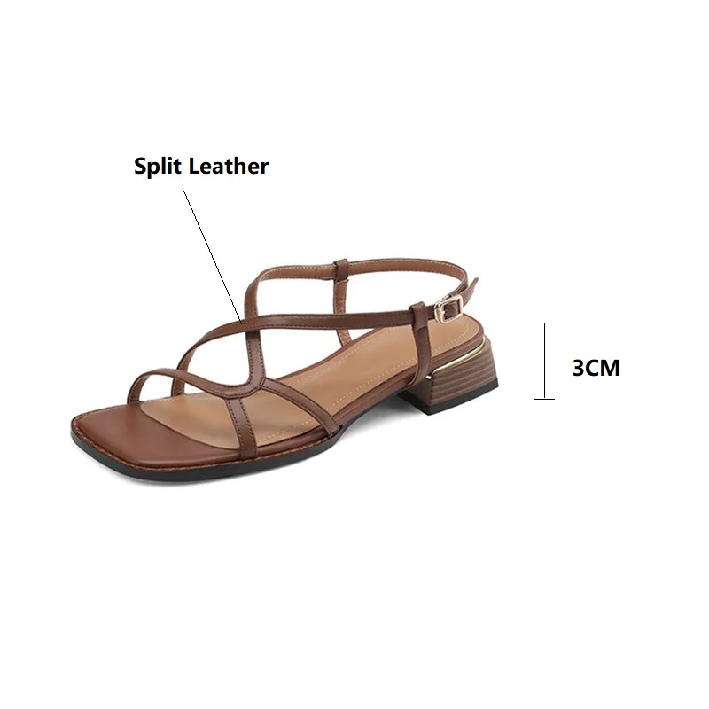 Split Leather Summer Sandals 2023 Square Toe Sandals Cowhide Roman Shoes Women Handmade Low Heel Shoes for Women Zapatos Mujer