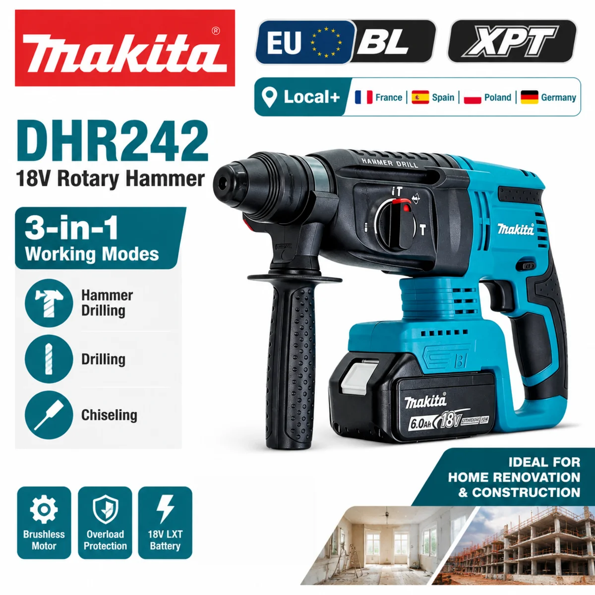 Compatibile con batteria al litio Makita 18V, trapano-martello rotativo senza fili Makita DHR242 da 26 mm, martello elettrico multifunzionale per lavori su cemento, muratura, legno e acciaio.