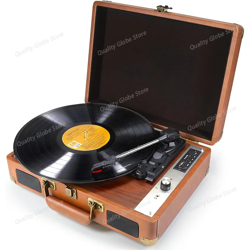 

Vintage Portable Handheld Vinyl Record Player, Turntable Three Speed Adjustable Ruby Stylus Bluetooth Cube Sound Output