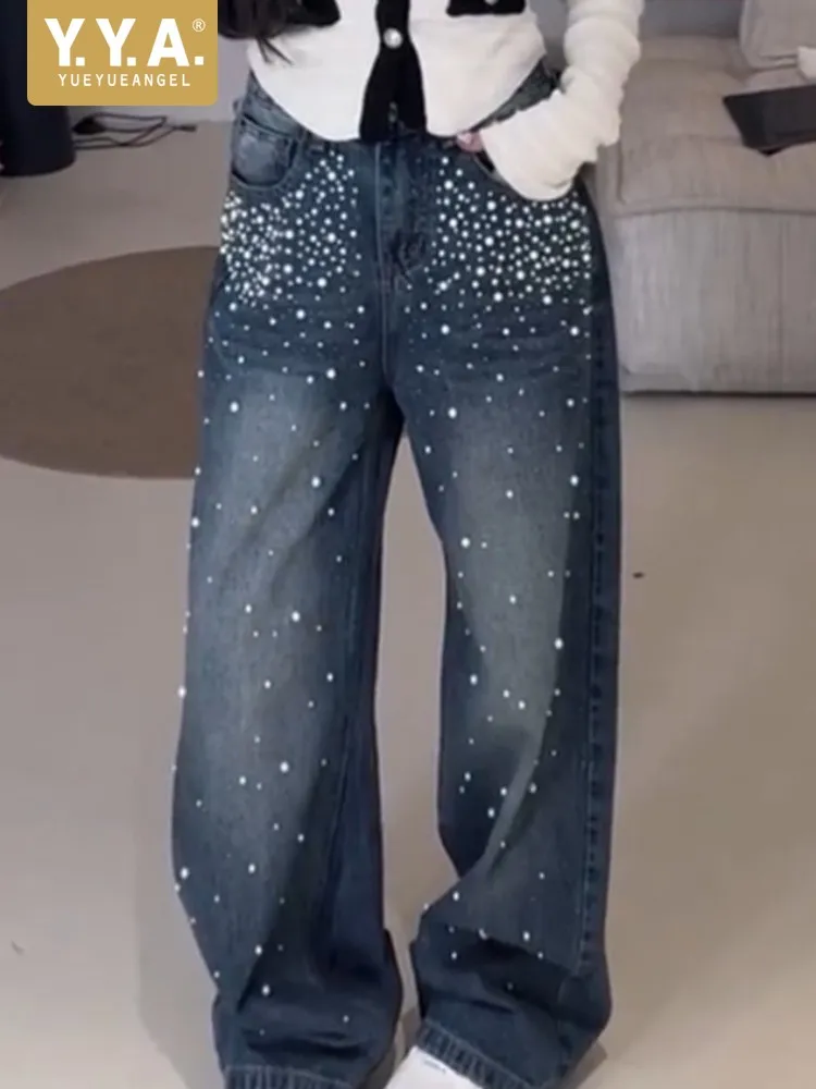 Office Ladies High Waist Wide Leg Denim Pants Solid Color Pockets Cool Lady Trousers Fashion Button Beading Straight Jeans