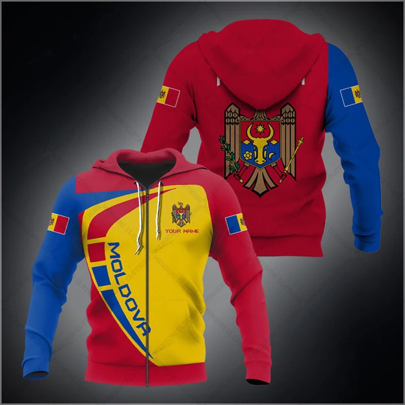 Sudaderas con capucha con cremallera y emblema de Moldavia para hombre y mujer, suéter holgado de talla grande con nombre personalizado, ropa de calle informal de invierno