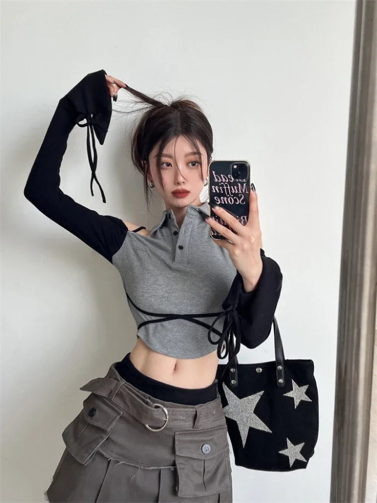 Y2k T-shirts Women Off-shoulder Street Style Sexy Ladies Patchwork Slim Trendy Crops Hotsweet All-match Casual Clubwear Inside