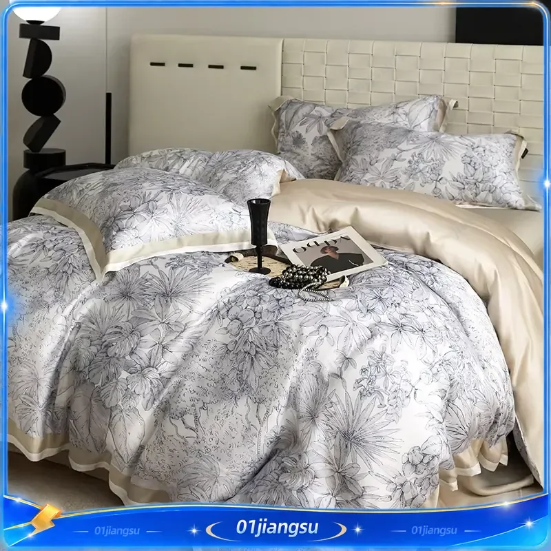Floral Plant Print Color Blocking Bedding Set Lyocell Bamboo Fiber Soft Silky Duvet Cover Flat Fitted Sheet Pillowcases 4Pcs