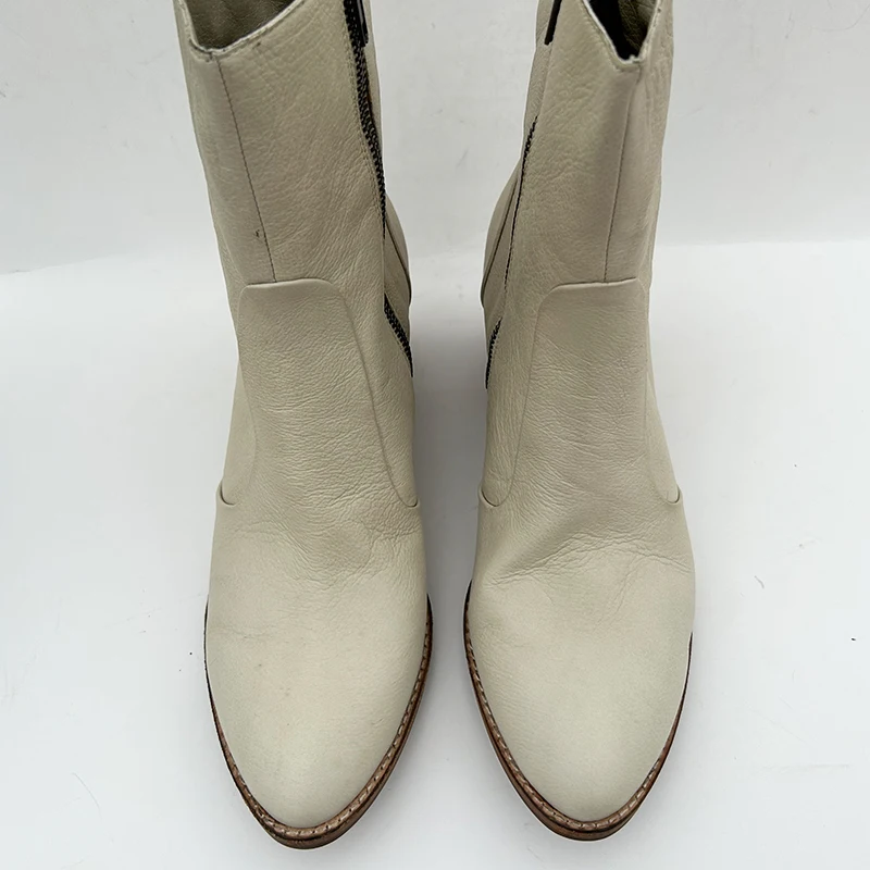 Soft Cow Leather Inside Zip Women Ankle Boots Point Toe Washed Stacked Mid Heel Rub Finish