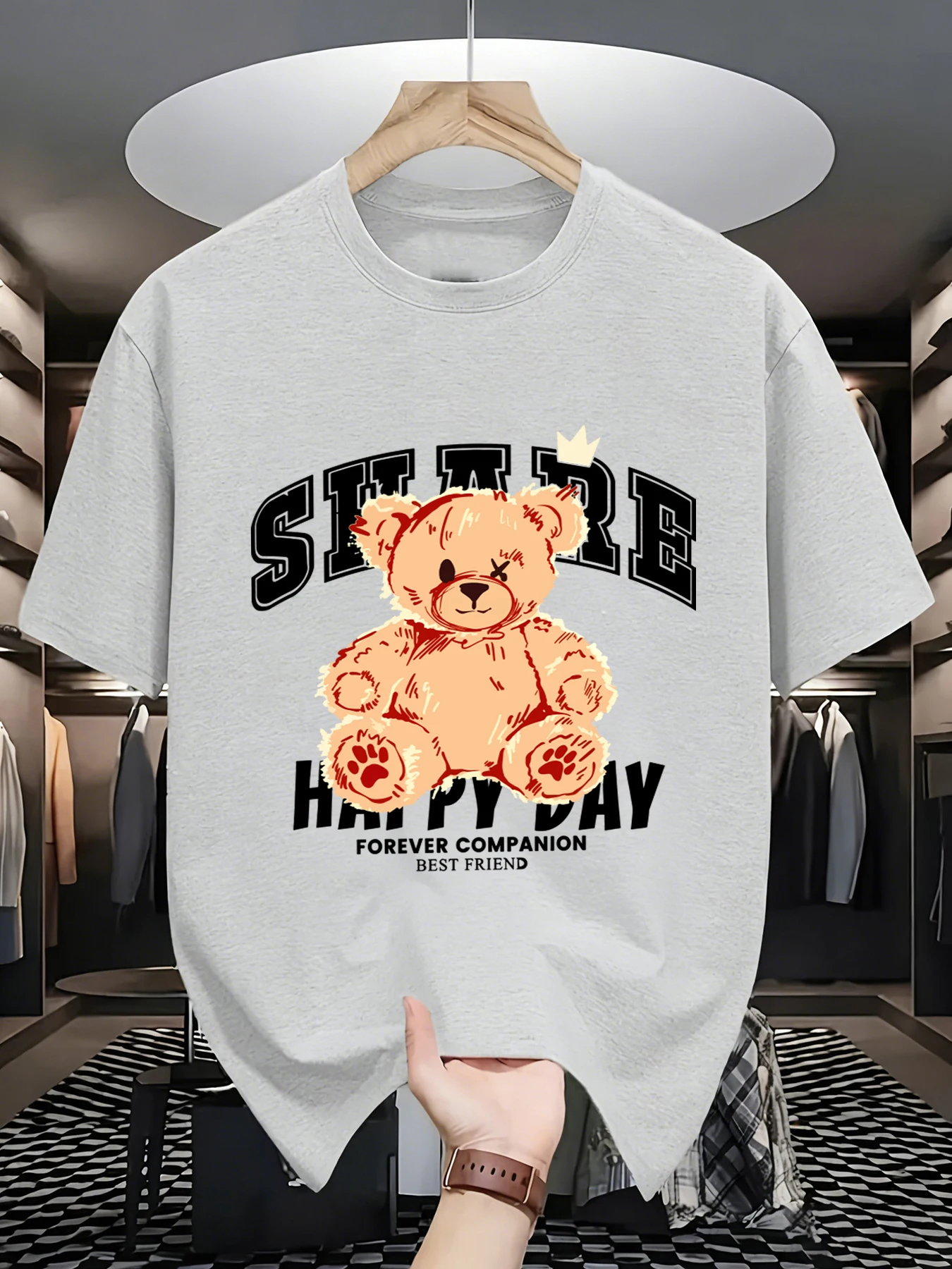 Share Happy Day Teddy Bear Printing Men T Shirts All-Match Cotton T-Shirt Casual Crewneck Loose Streetwear Man Summer Basics Top