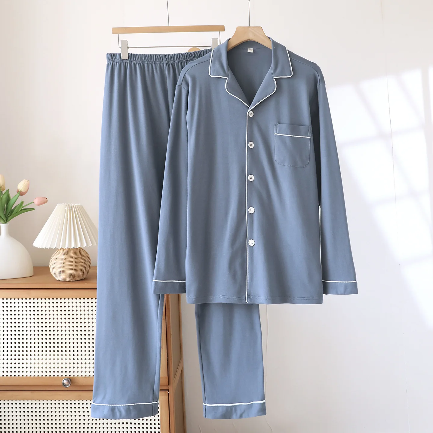 

pure cotton knit sleepwear men Simple pure color pajamas sets long-sleeve pyjamas sleepwear
