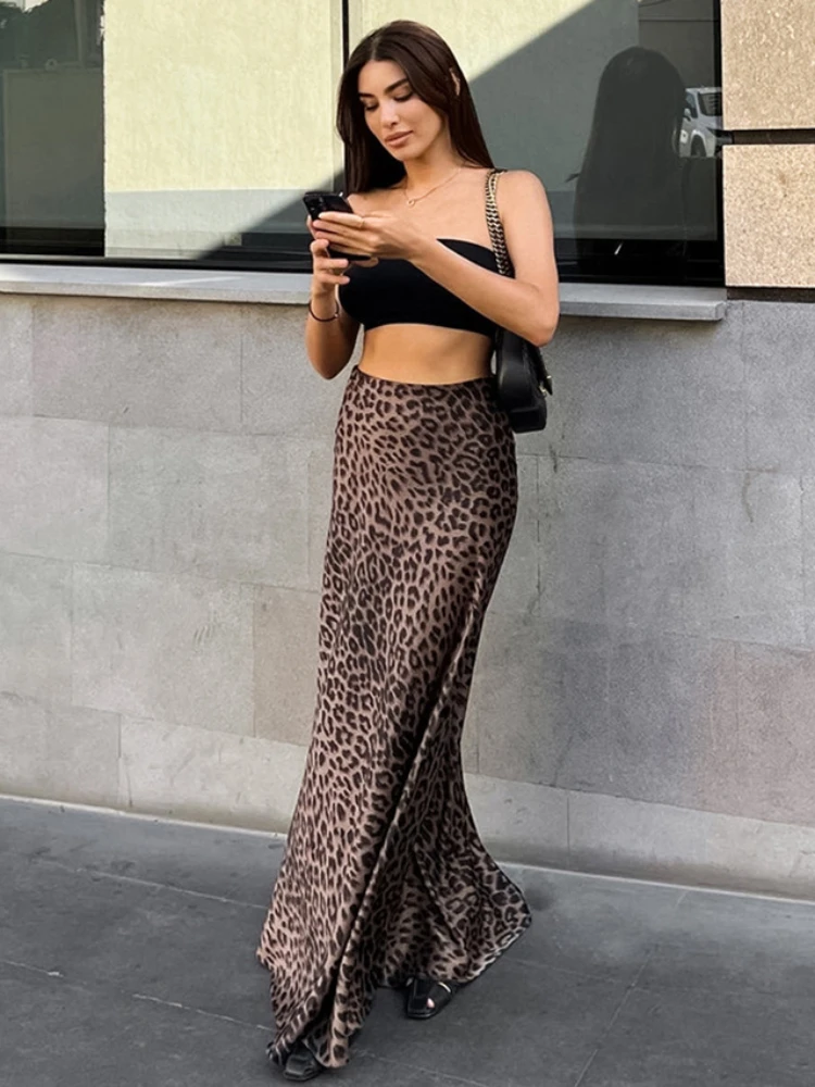 ADAgirl Leopard Print Maxi Skirt Women Retro Long Skirts for Woman Summer Fashion High Waist Elegant Simulated Silk Satin Dress