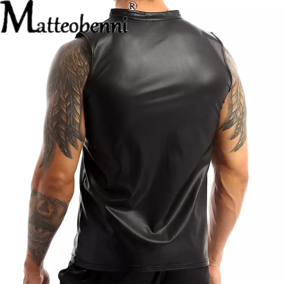 Plus Size Mens Sexy Faux Leather Sleeveless Shirts Erotic Shaping Stretch Tank Tops Male Shiny Leather,Latex Top Fetish Lingerie