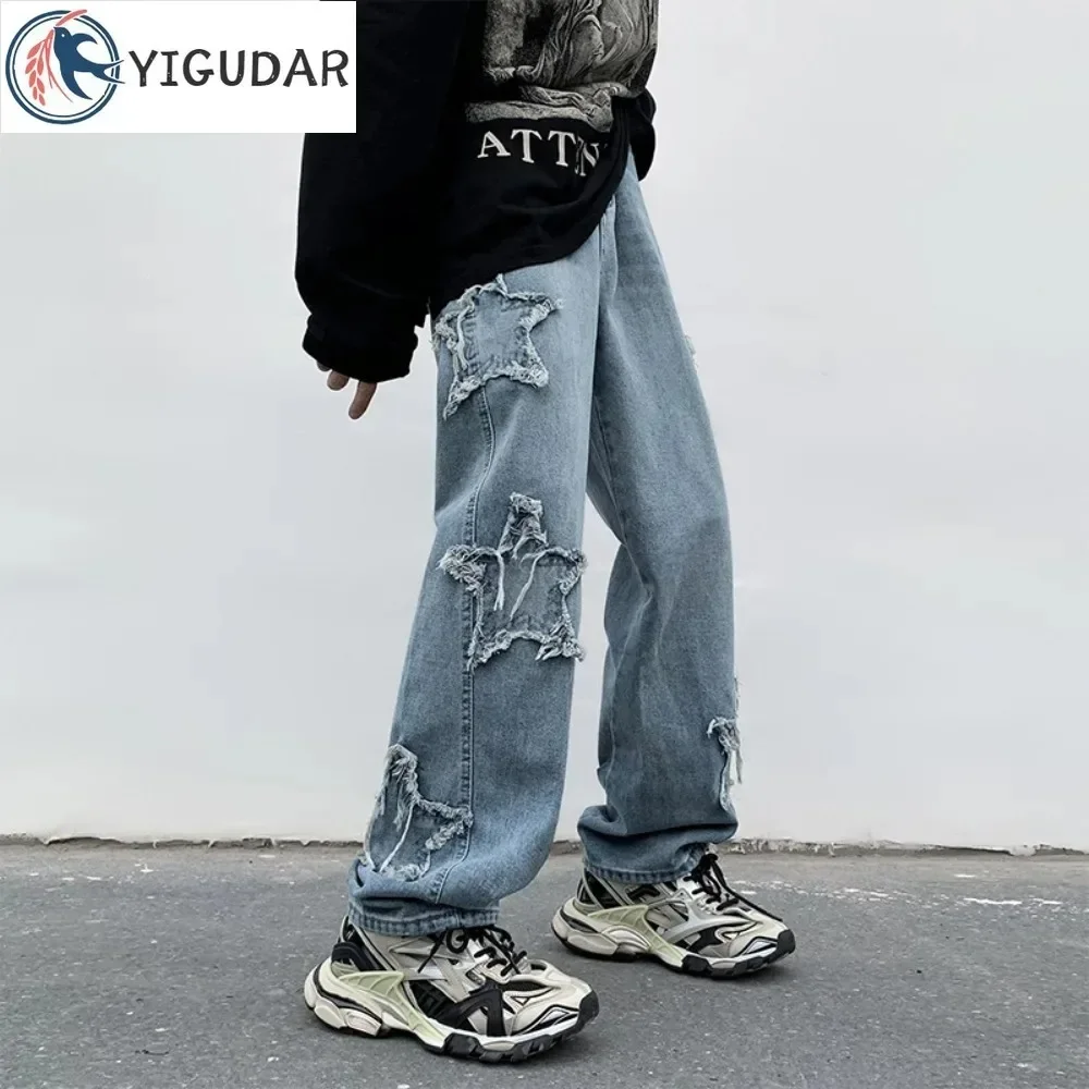 2024 New Fashion Stars Embroidery Men Jeans Pants Y2K Clothes Straight Hip Hop Cotton Trousers Pantalon Homme streetwear