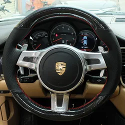 For Porsche Cayenne Panamera 2012-2014 DIY Hand Stitched Car Steering Wheel Cover Black carbon fibre Genuine Leather