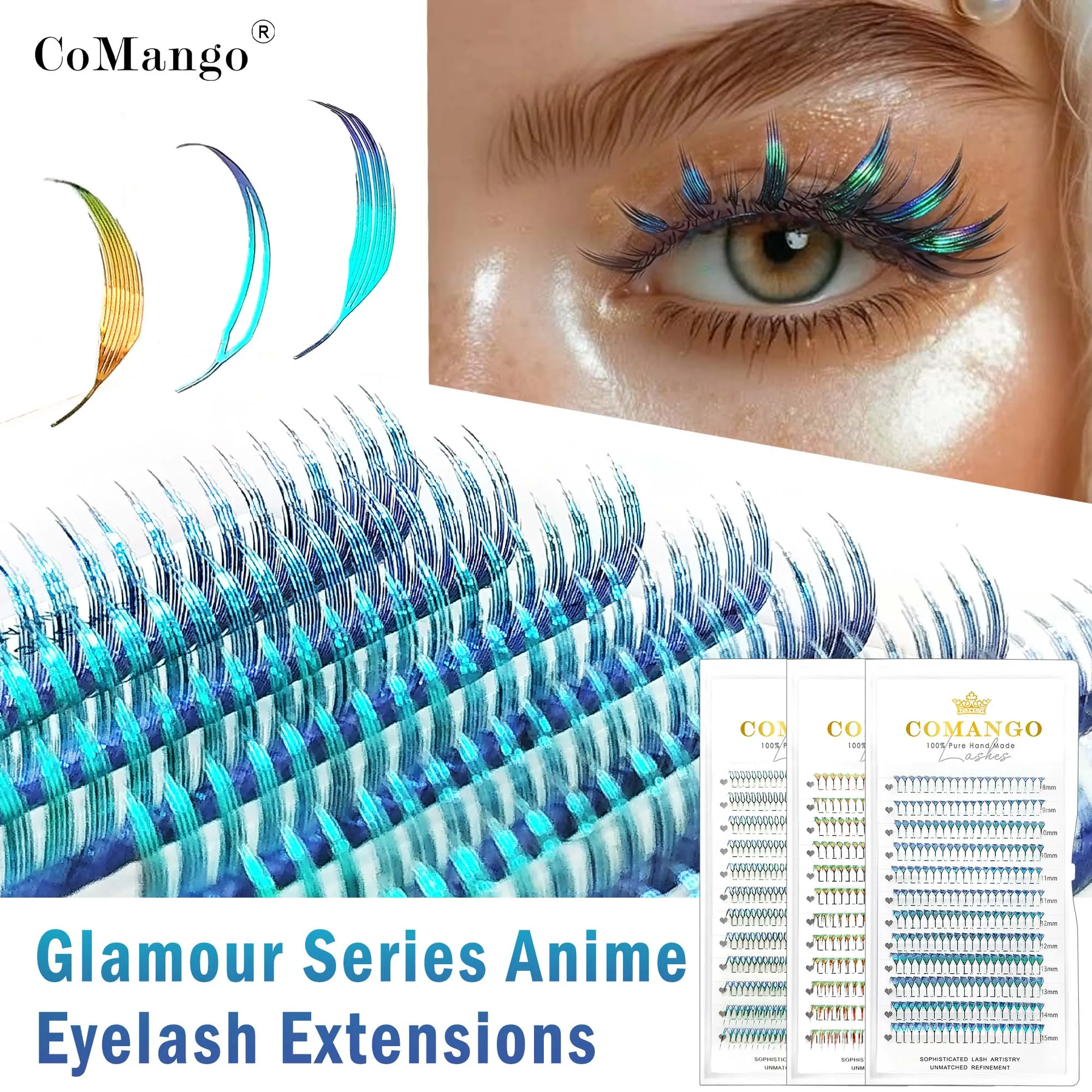 CoMango Extensões de cílios glamourosas Comic Spire, premium, dupla face, coloridas, postiços 0,07mm mix 8-15mm