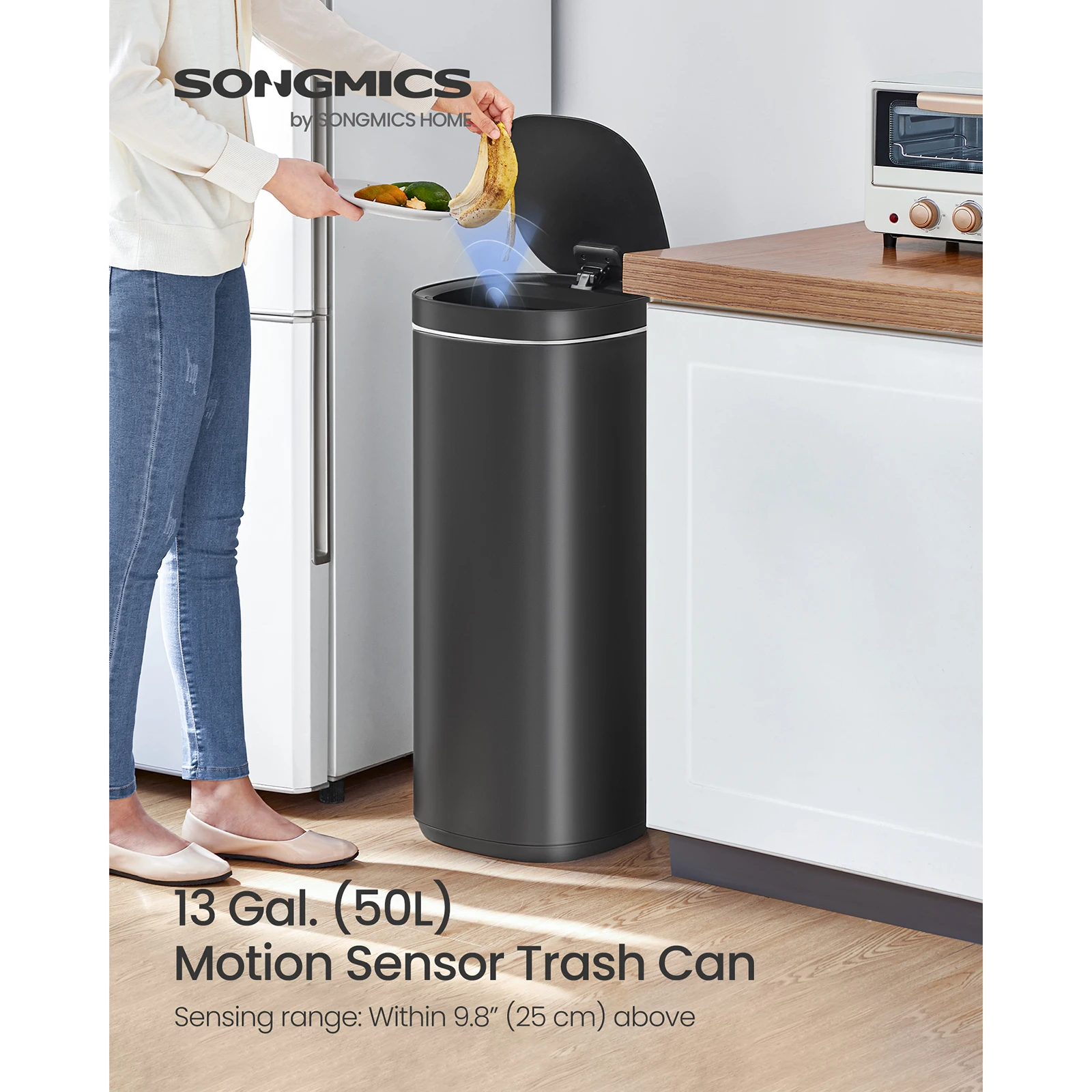 SONGMICS Motion Sensor Kitchen Bin 50L, Automatic Bin, Multi-Coloured Indicator Lights, Ozone Odour Control, Stay-Open Lid