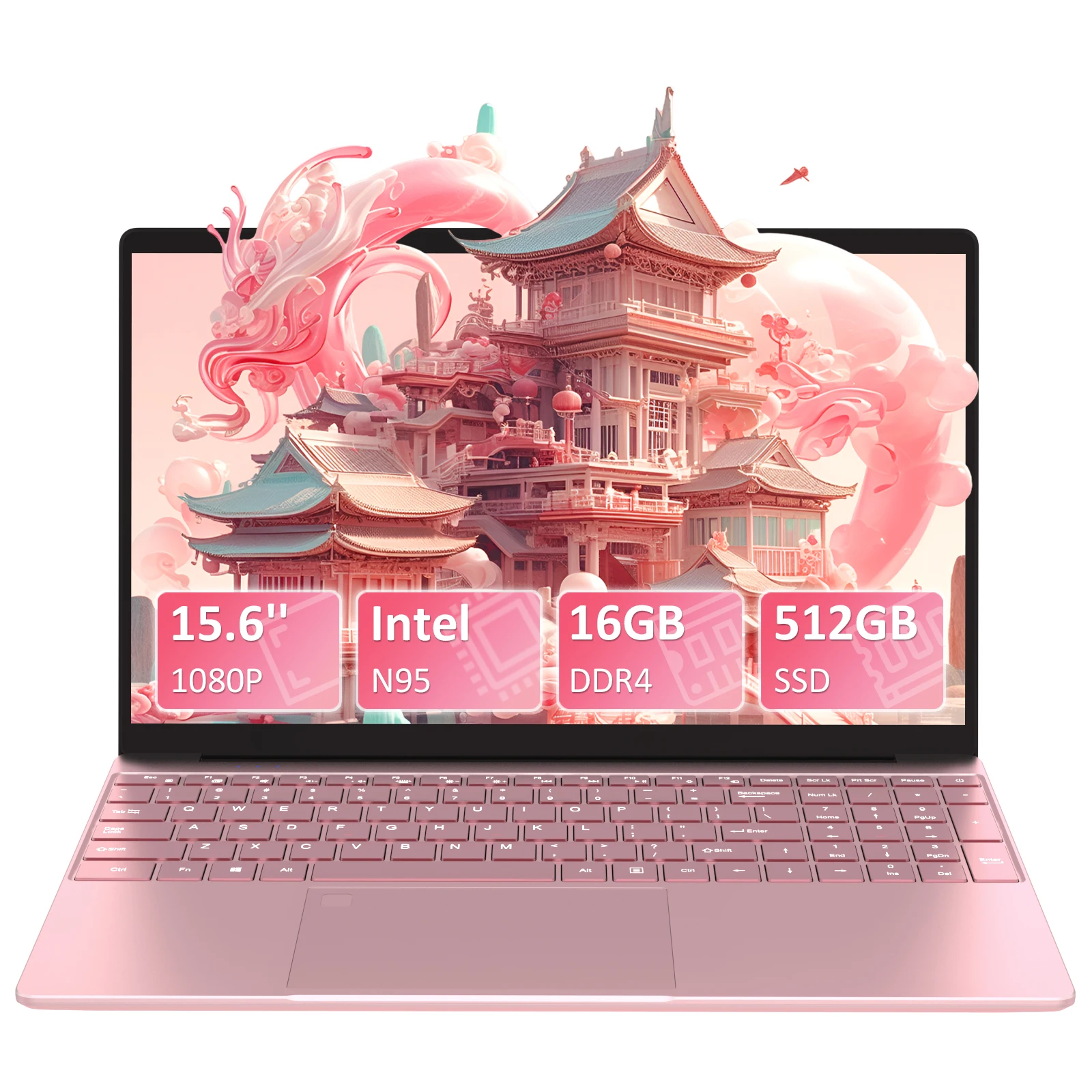 15,6-Zoll-Laptop in Rosa, N95-Prozessor, 16 GB DDR4, 512 GB SSD, Entsperrung per Fingerabdruck, FHD-Display, beleuchtete Tastatur, Multi-Interface