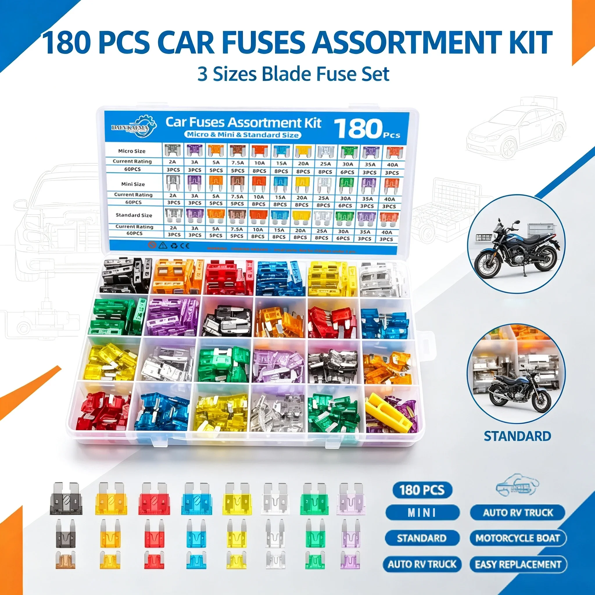 Car Blade Fuse Standard,Mini & Micro 180Pcs 2A 5A 10A 15A 20A 25A 30A 35A 40A Storage Box&Puller for Truck, Boat, RV, Motorcycle