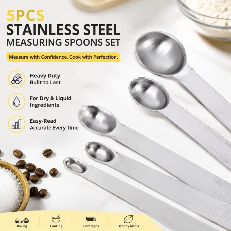 5Pcs Stainless Steel Measuring Spoons Set, Heavy Duty Metal Dry & Liquid Ingredients Kitchen Cooking Gadget with Easy-Read