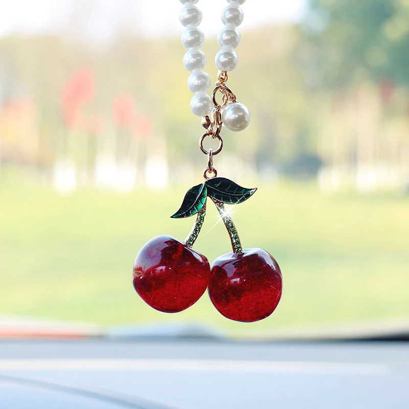 Fashionable Cherry Car Interior Ornaments, Creative and Delicate Pearl Fruit Pendants, Accessories, Car Rearview Mirrors