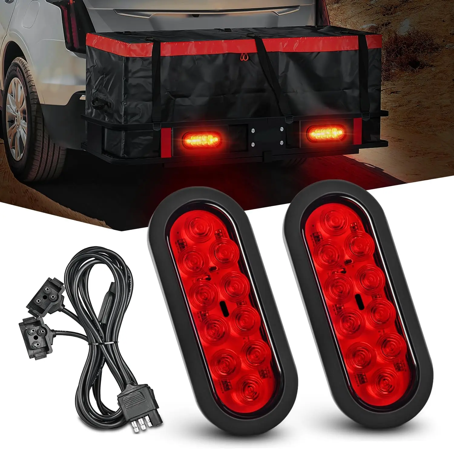 Hitch Cargo Carrier Light Kit 2PCS 6Inch Red Oval LED with Flush Mount Grommets Wire Harness Waterproof Stop Signals Tail Lights