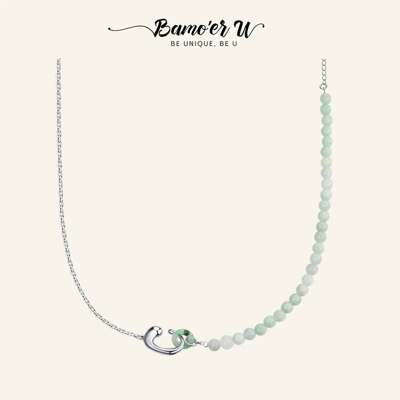 Bamoer U 925 Sterling Silver Jade Necklace Plated White Gold Fashion Necklace for Girls Matching Bridal Wedding Gift Jewelry