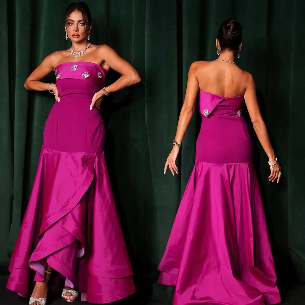 

Gorgeous Mermaid Evening Dress Patched Strapless With Crystal Tiered Saudi Arabia Women's Backless Floor Length Prom Gown