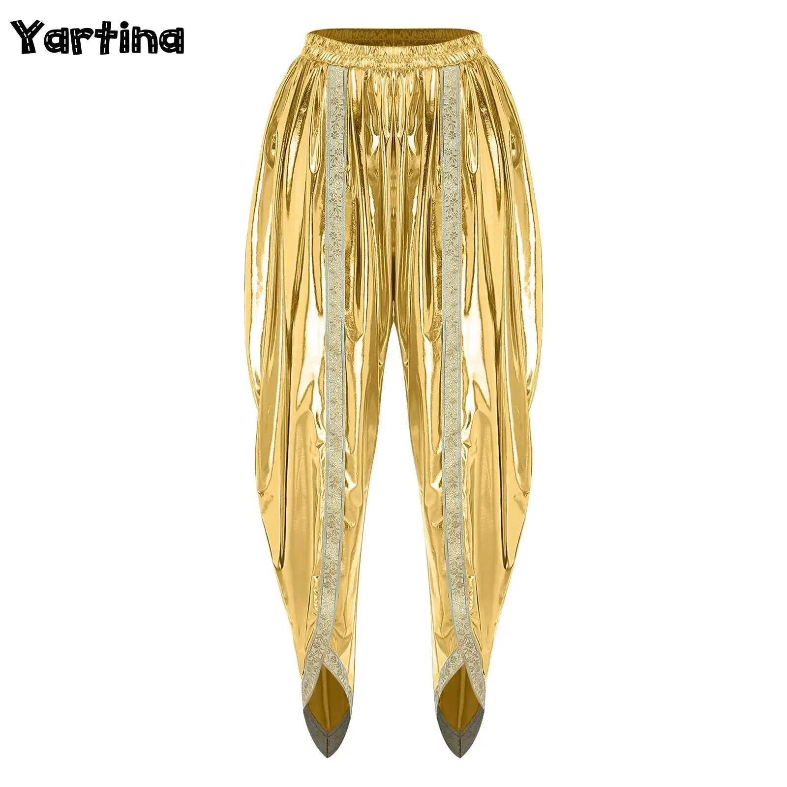 

Mens Indian Dhoti Harem Palazzo Pants Cosplay Party Costume Gold Brocade Trim Elastic Waistband Metallic Shiny Arab Baggy Pants