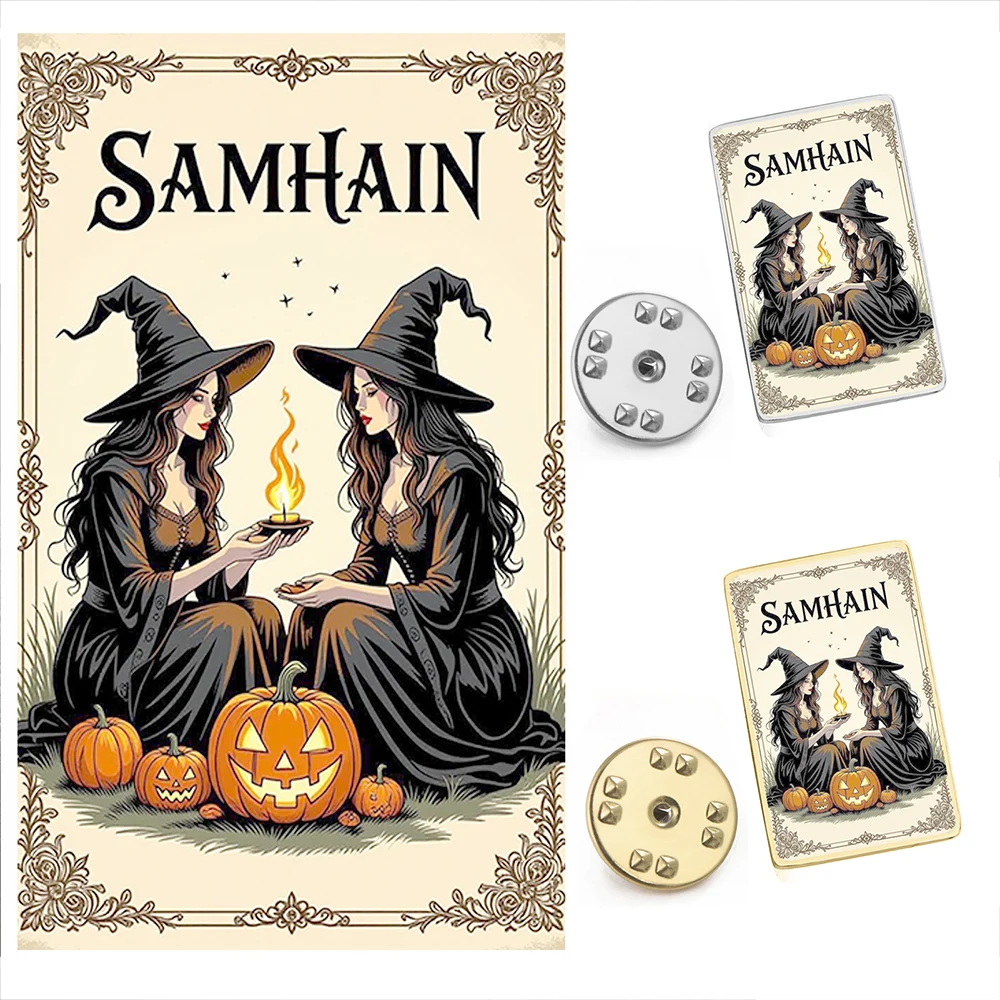 Blessed Samhain Brooches Witch Pumpkin Halloween Lapel Pins Multicolor UV Carved Pattern Stainless Steel Wiccan Jewelry