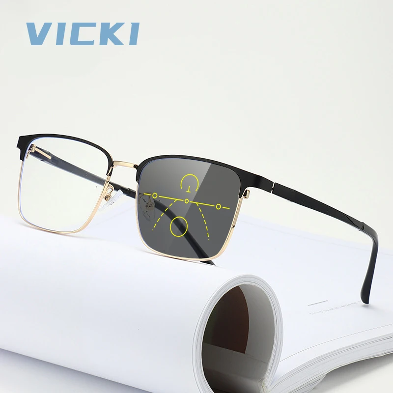 VICKI Men's Stainless Steel Retro Glasses - Customizable Prescription - Anti-blue Light Glasses Photochromic Multifocal MS9789