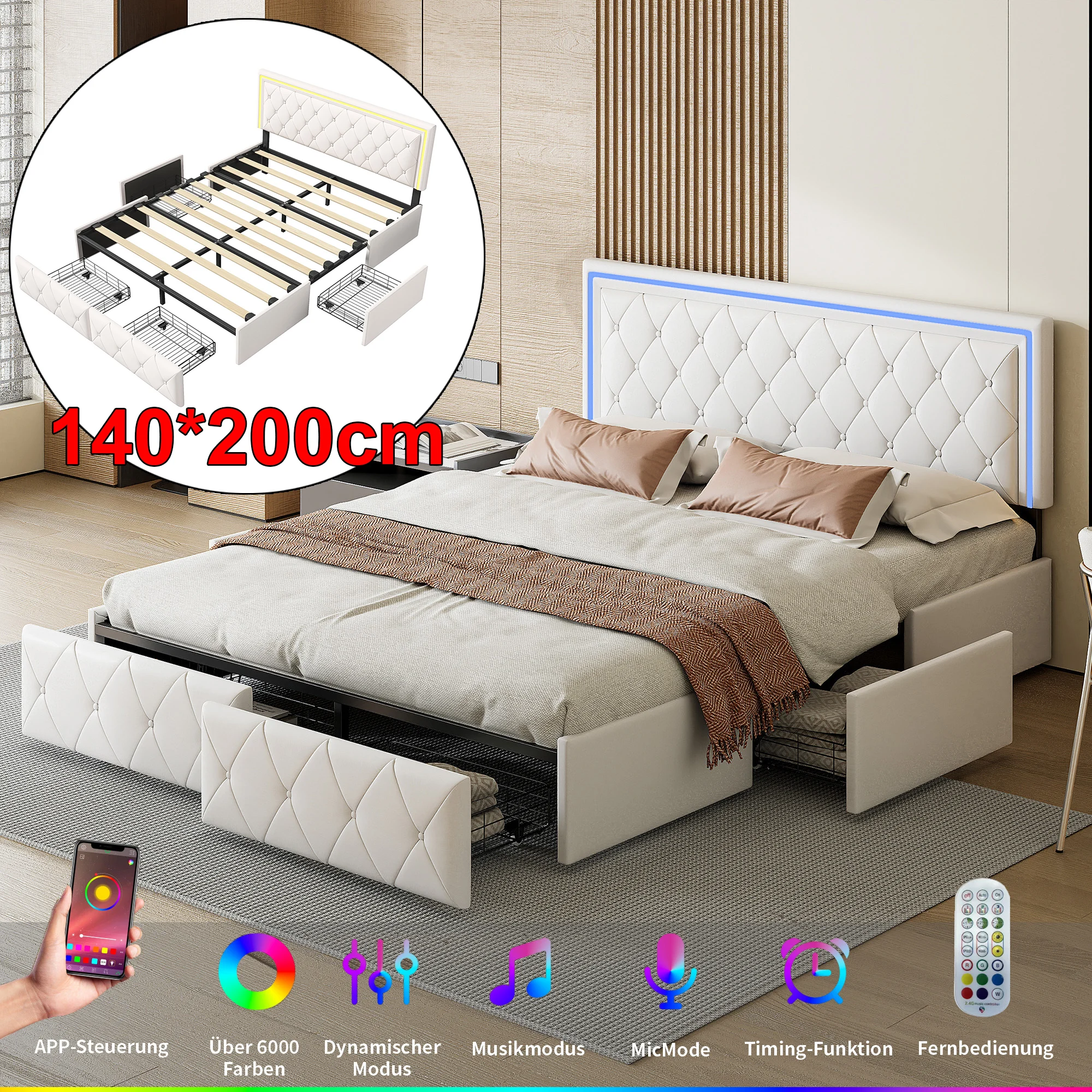 Upholstered Bed 140x200cm with 4 Drawers,Double Bed with Adjustable Headboard,Bed Frame with Slatted Frame & LED Light,PU,White