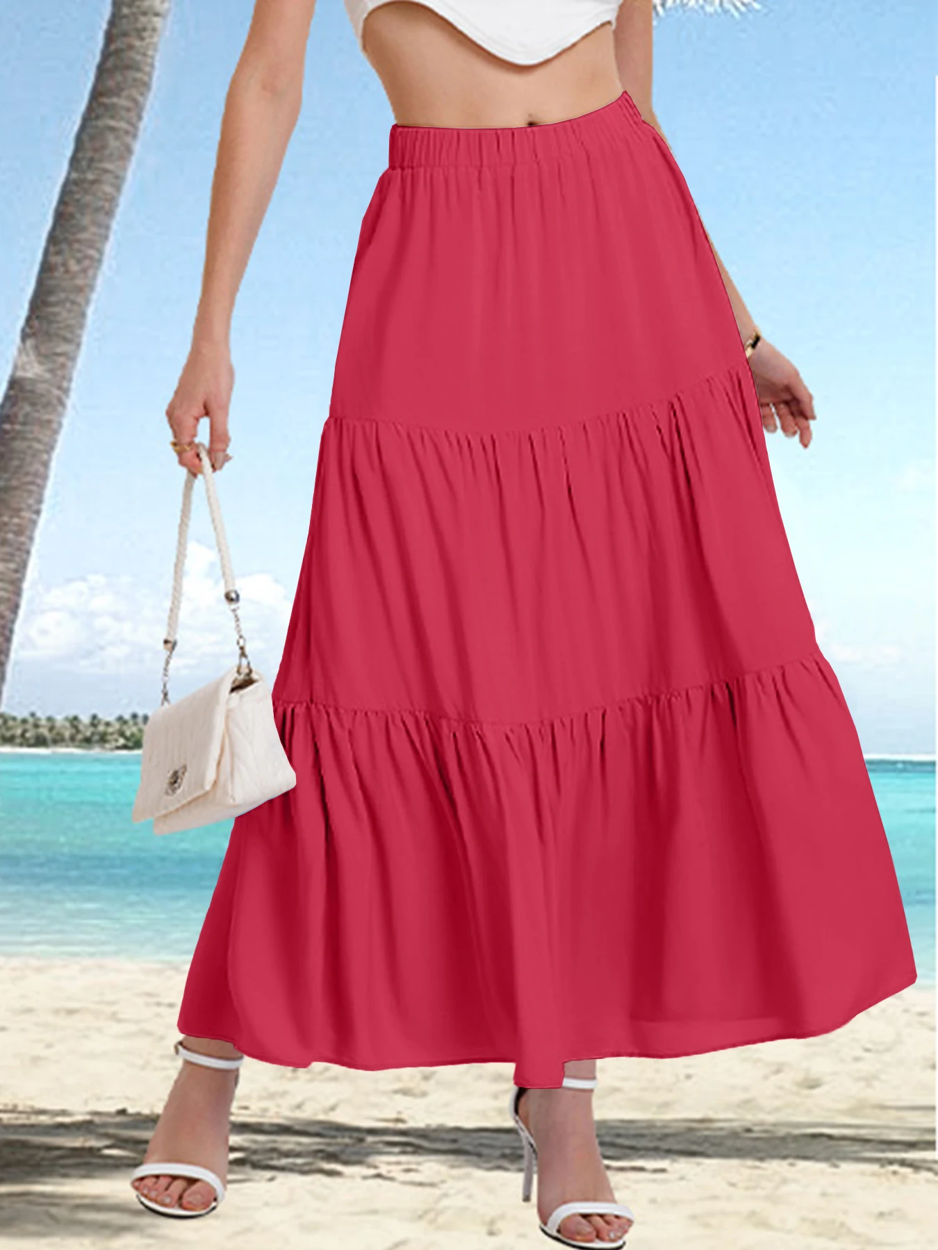 2024 Women's cross-border European and American summer Bohemian pleated A-line flowing swaying layered long skirt for wome