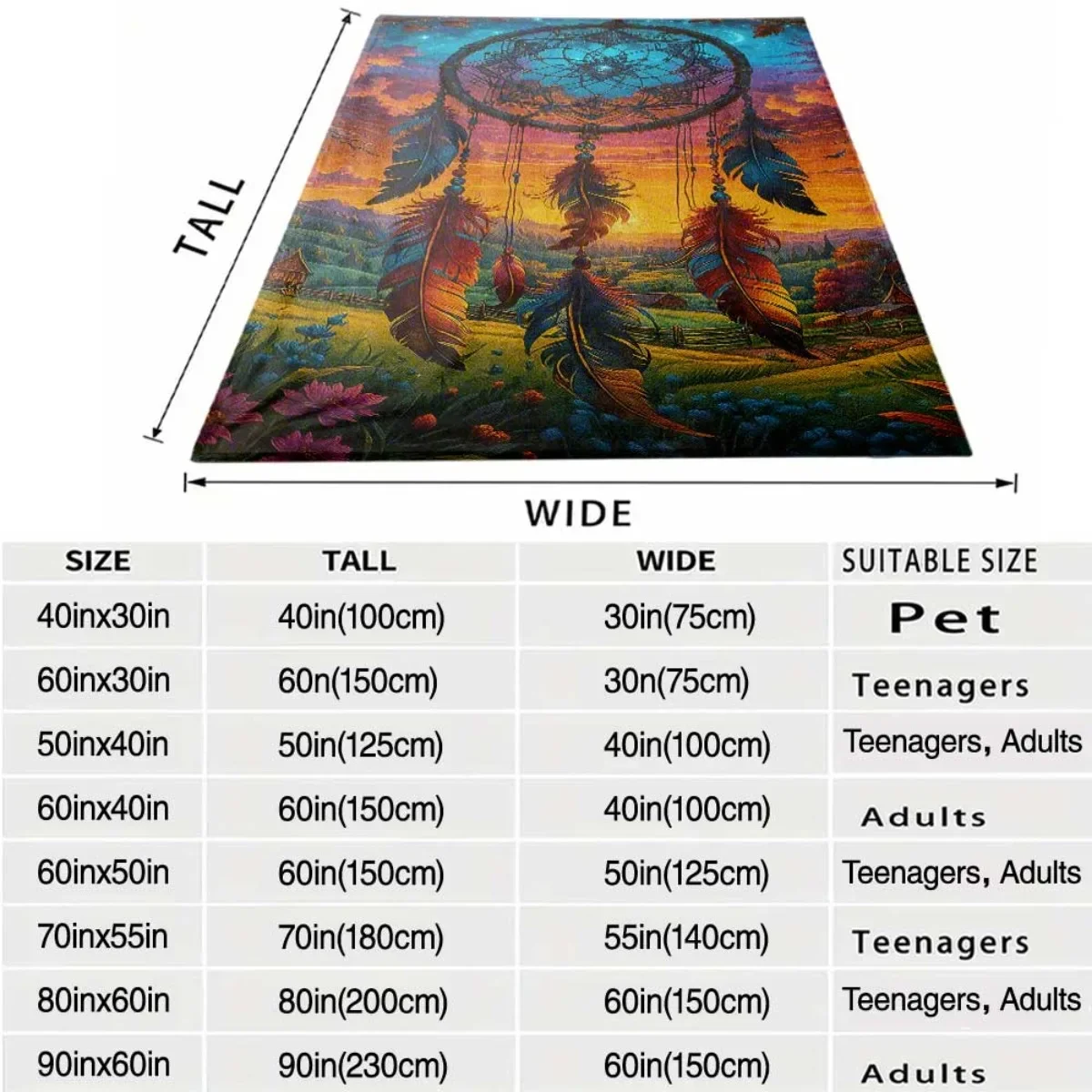 Boho Dreamcatcher Sunset Blanket Throw 150x200cm Large Fleece Decorative Bohemian Hippie Spiritual Art Cozy Winter Bed Cover